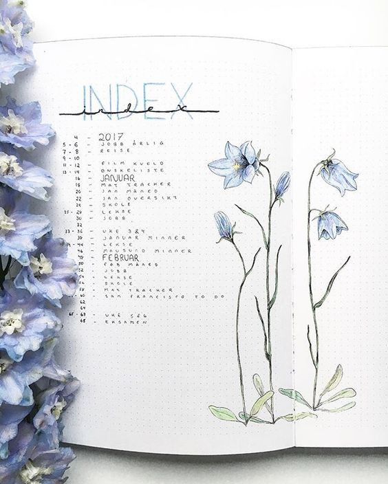 Photo d'un Bullet Journal : index mis en page avec des fleurs violettes.