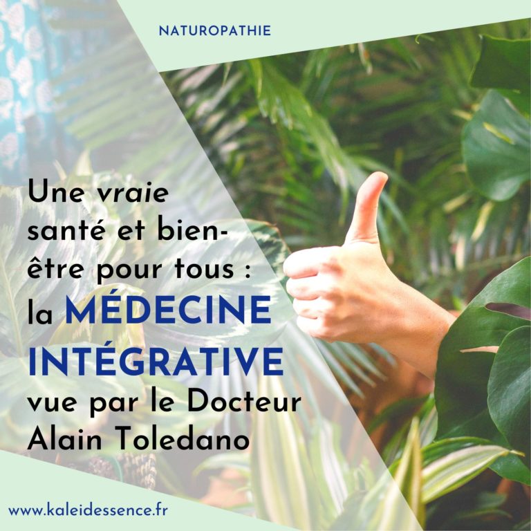 Montage photo pour "Une vraie santé et bien-être pour tous : la médecine intégrative vue par le Docteur Alain Toledano" sur fond végétal avec un pouce.